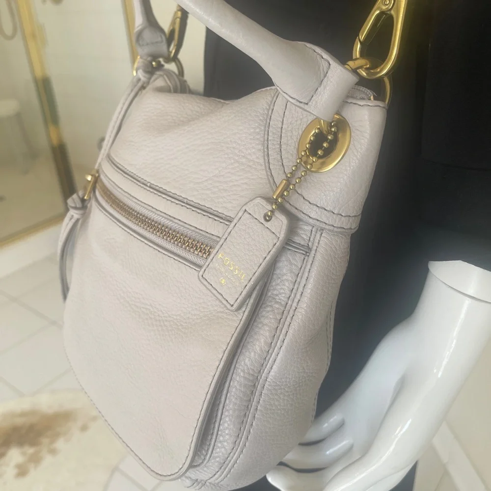 Fossil light Gray pebbled Leather shoulder Adjustable Crossbody Bag